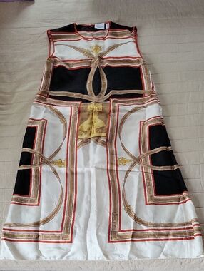 Burberry Black, 100% Silk Ivory & Gold Sleeveless Scarf-Print Midi Dress
